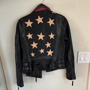 Free People Black and Tan Leather Jacket with Star Accents